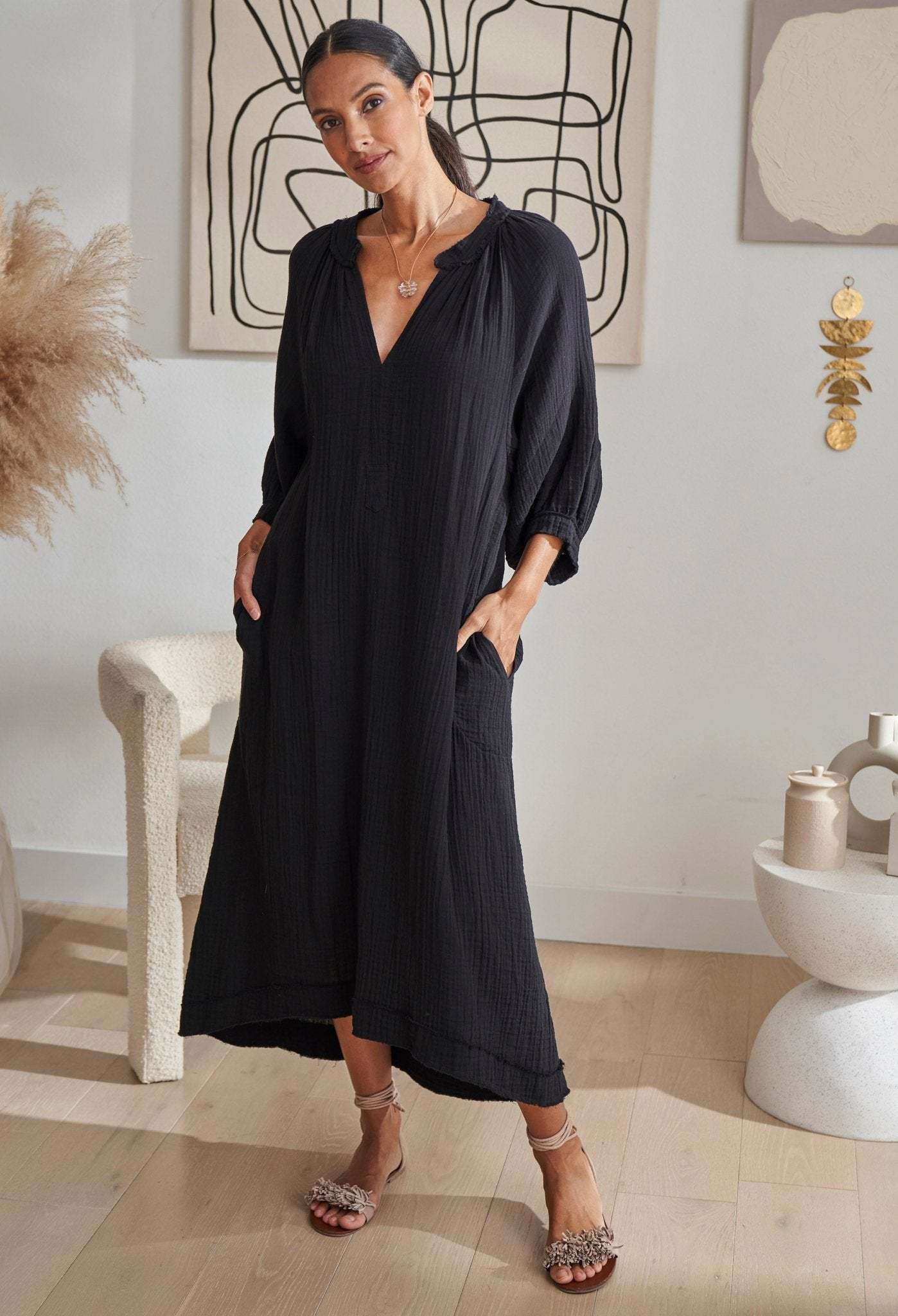 Black Gauze Dress with Pockets