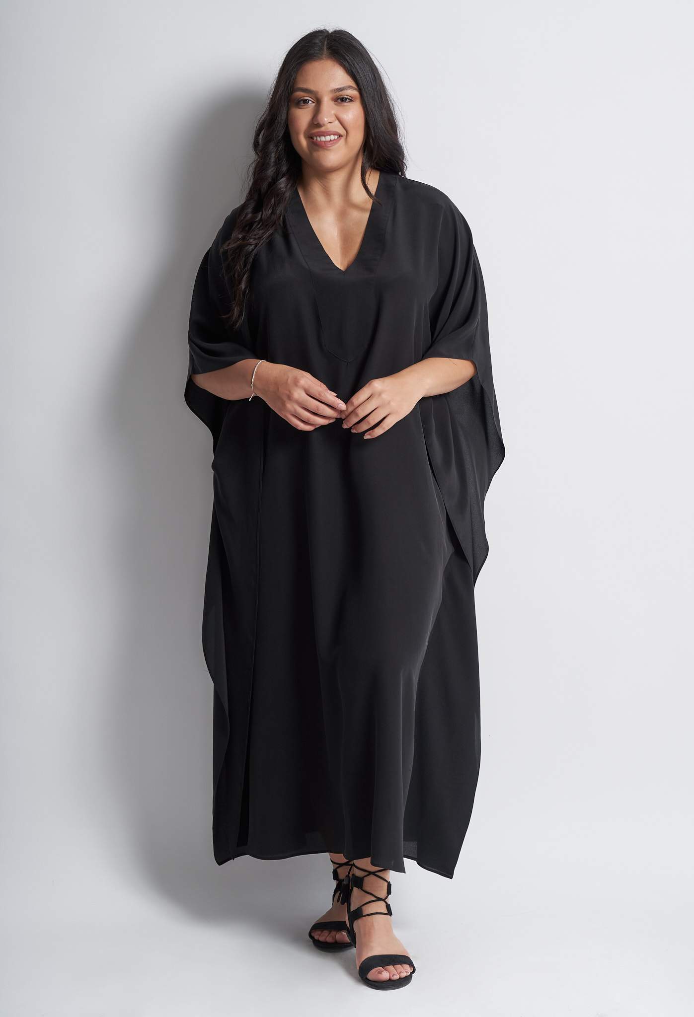 Black Silk V-Neck Placket Long Caftan