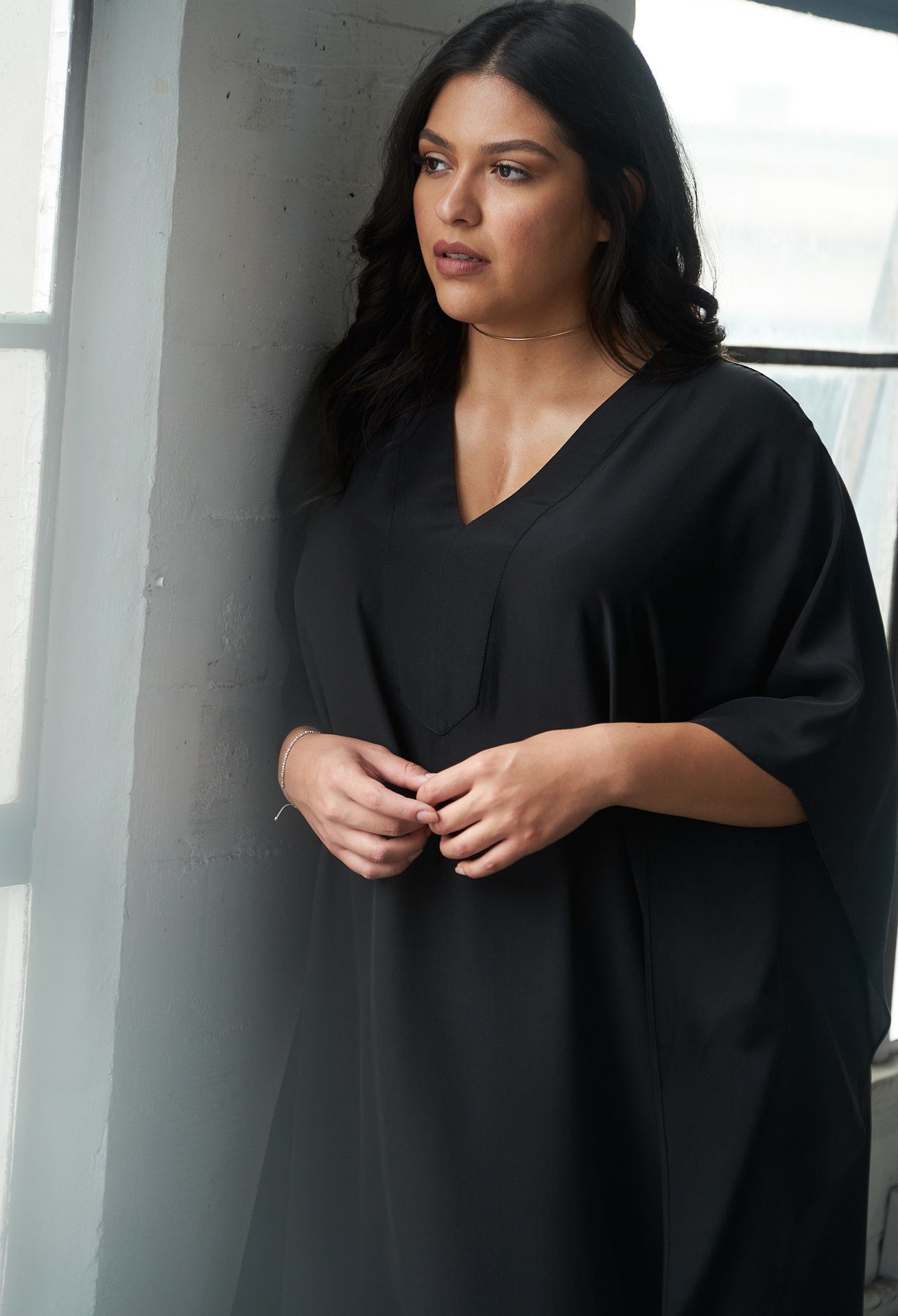 Black Silk V-Neck Placket Long Caftan