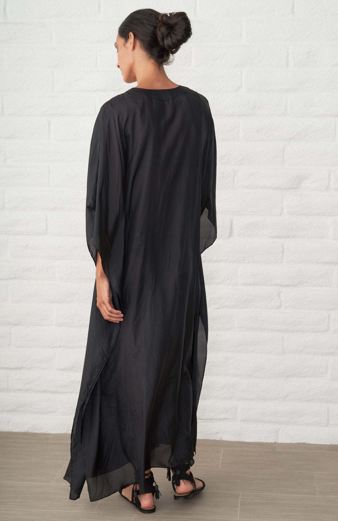 Black Silk V-Neck Placket Long Caftan