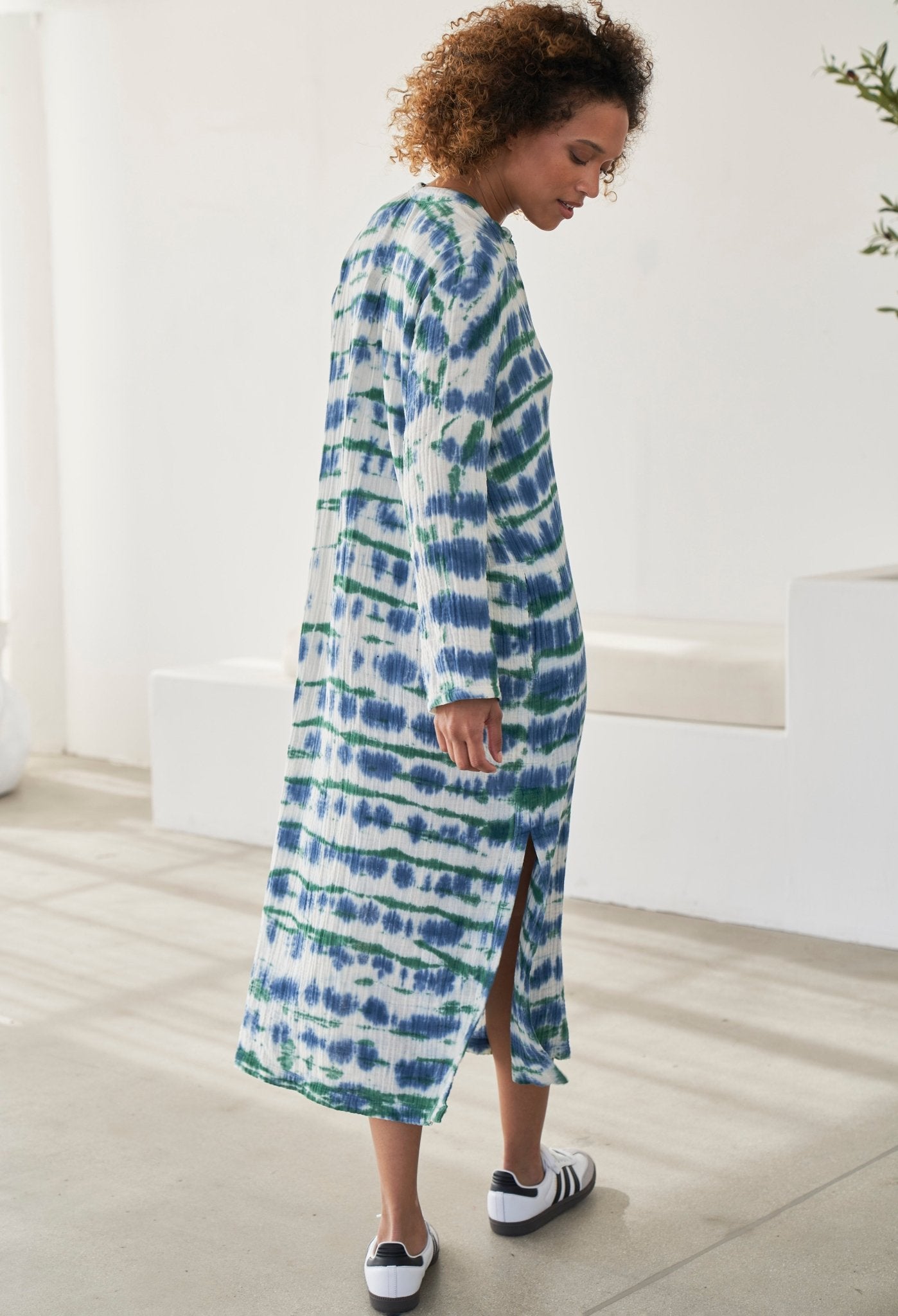Blue and Green Button Front Belted Cotton Gauze Tunic Dress