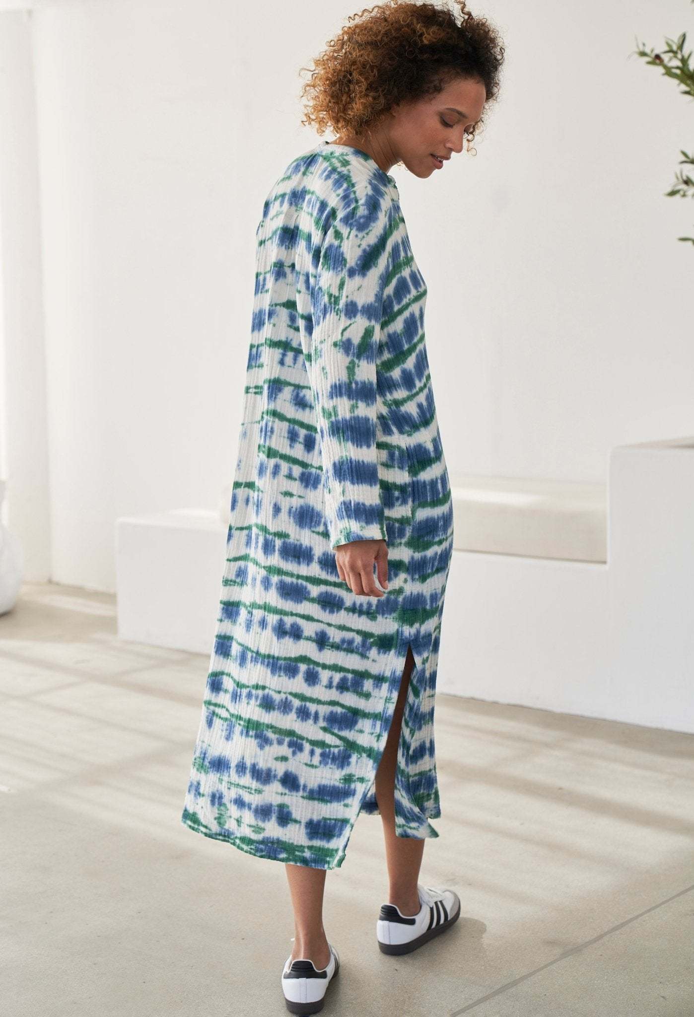 Blue and Green Button Front Belted Cotton Gauze Tunic Dress
