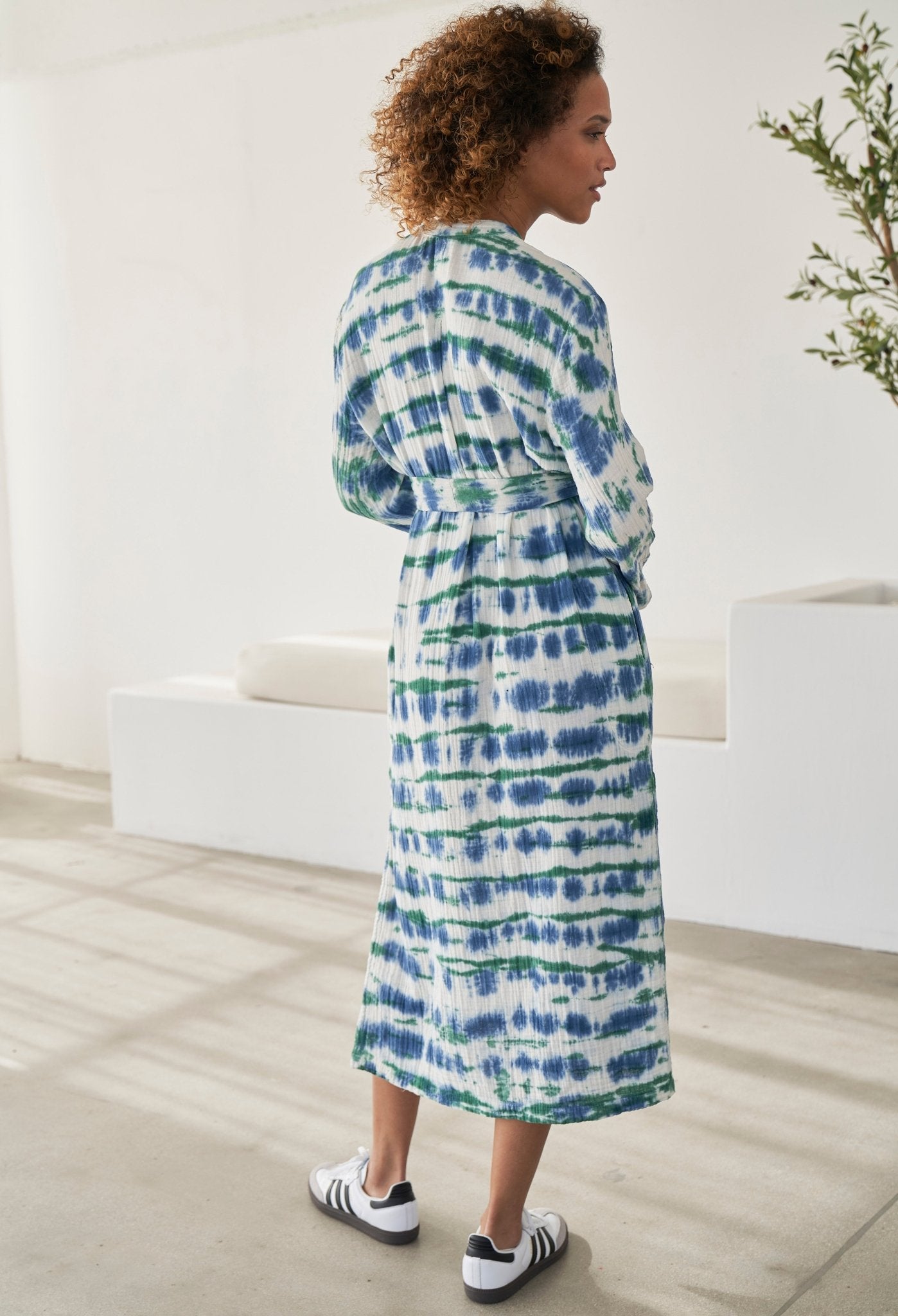 Blue and Green Button Front Belted Cotton Gauze Tunic Dress