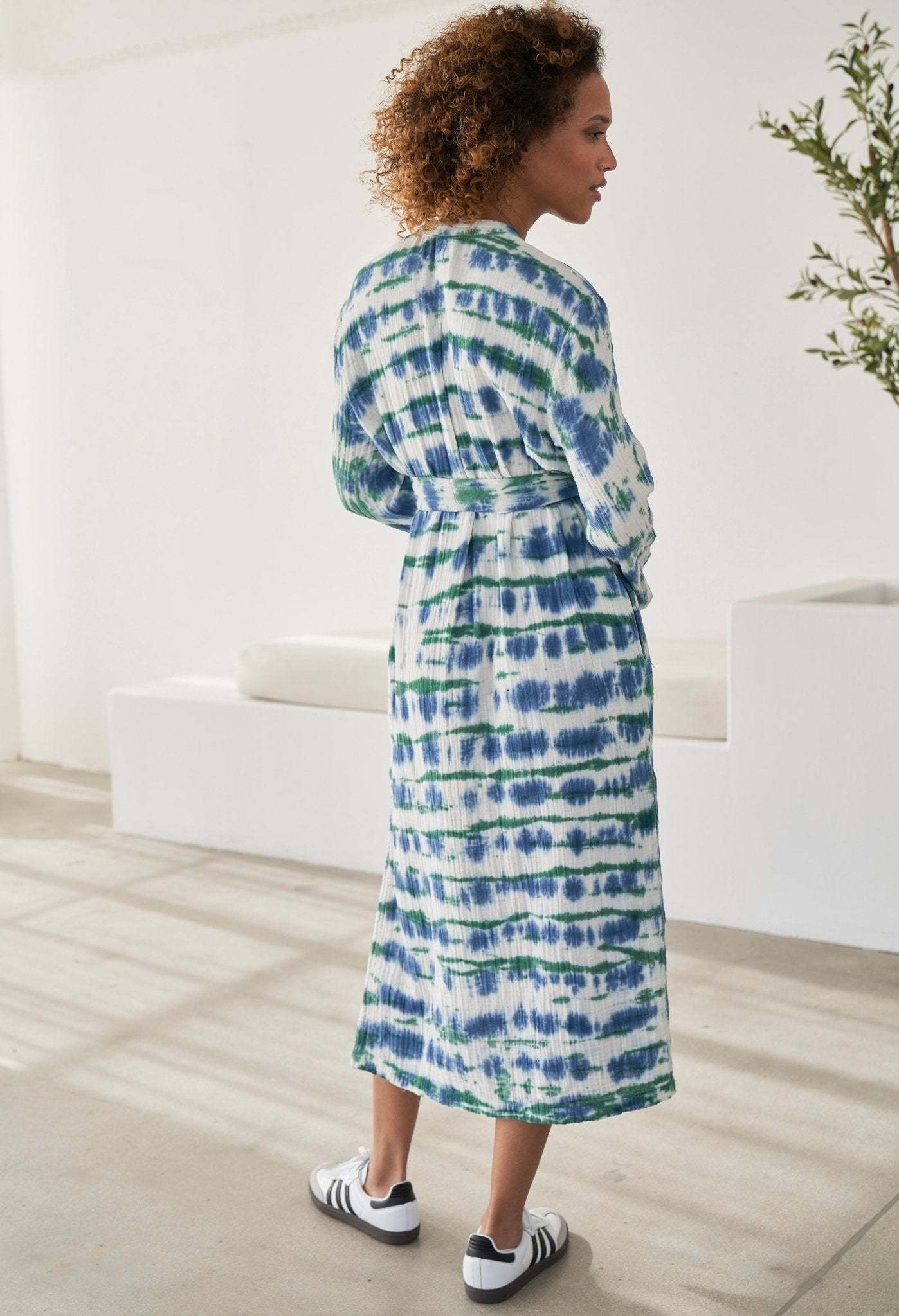 Blue and Green Button Front Belted Cotton Gauze Tunic Dress