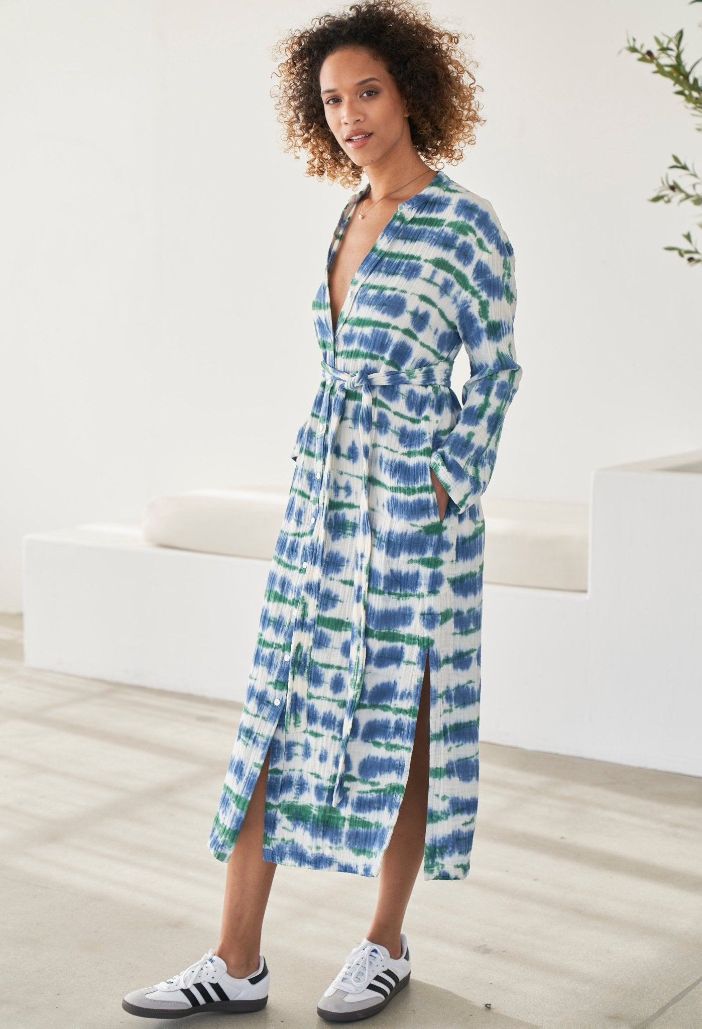 Blue and Green Button Front Belted Cotton Gauze Tunic Dress