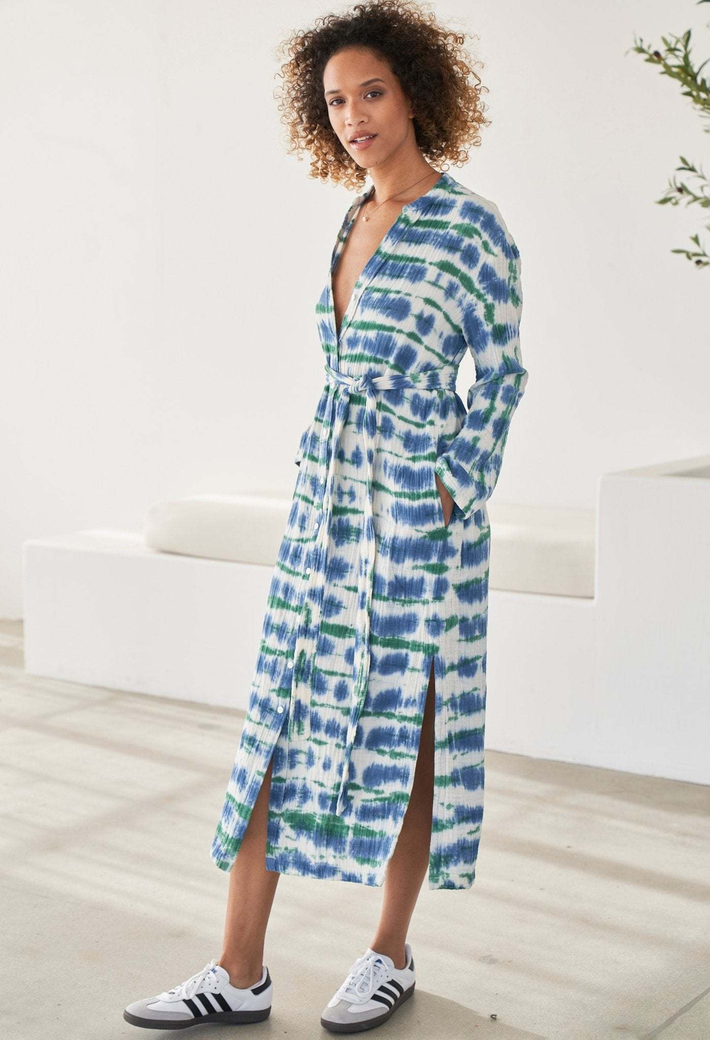 Blue and Green Button Front Belted Cotton Gauze Tunic Dress