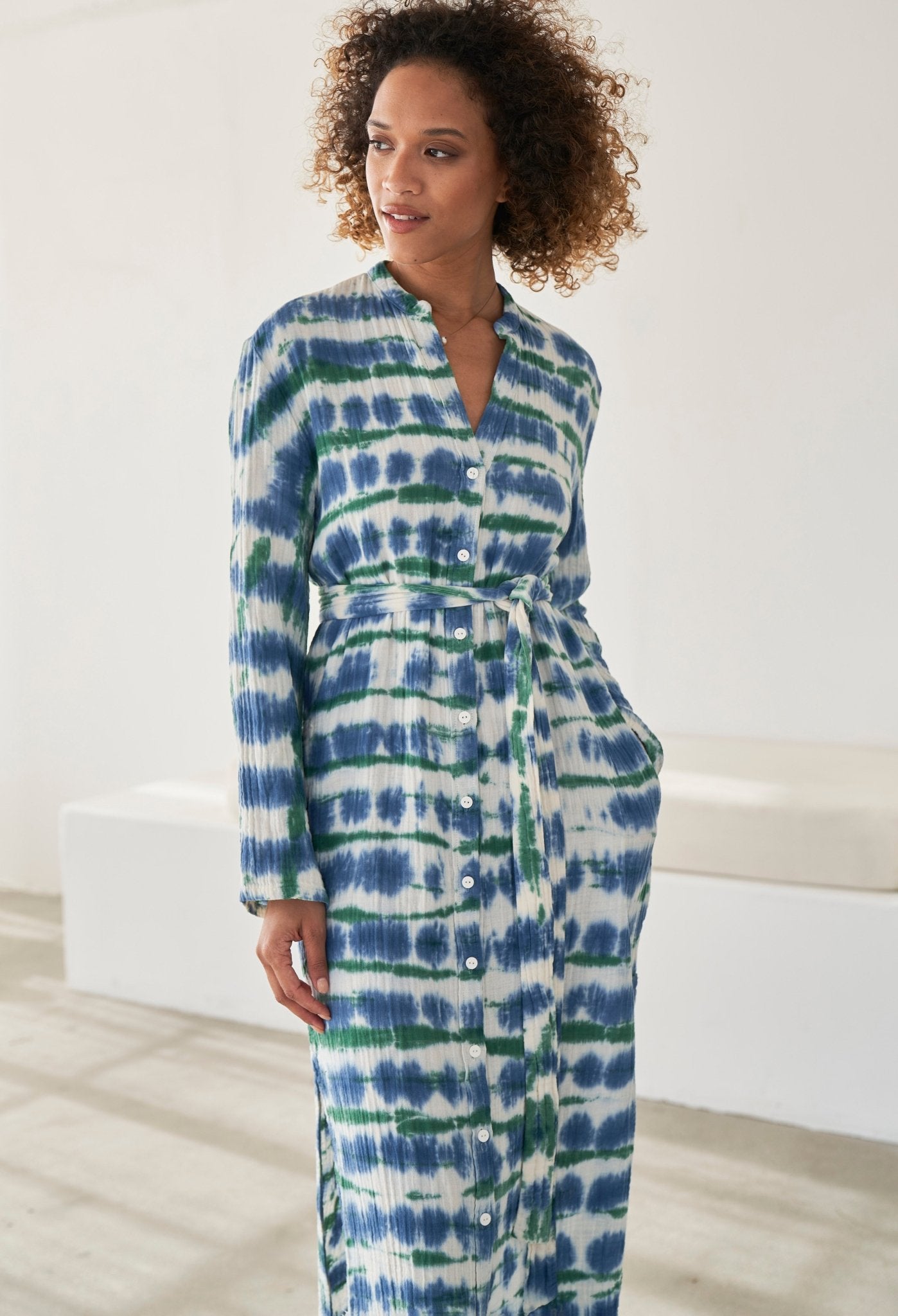 Blue and Green Button Front Belted Cotton Gauze Tunic Dress