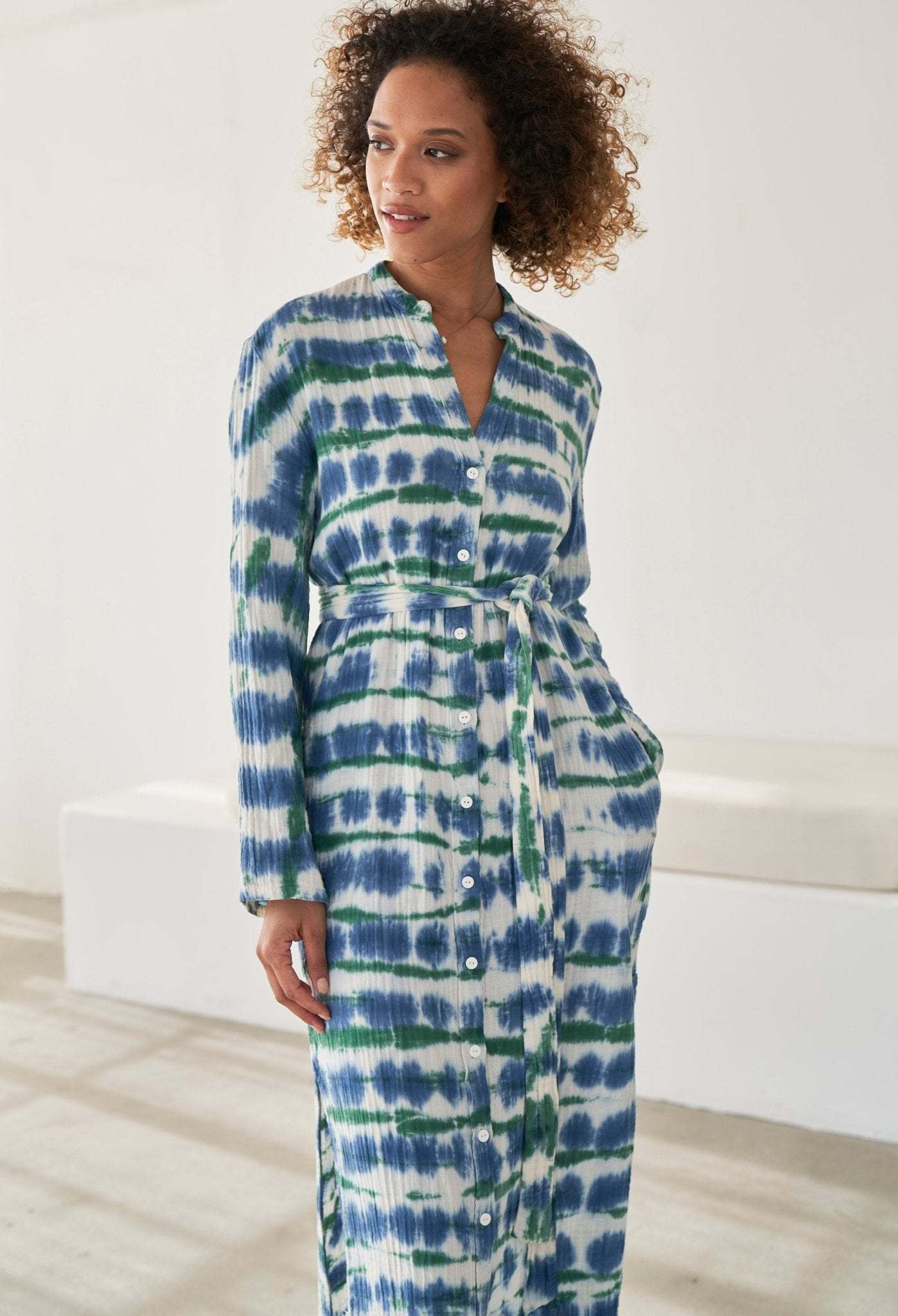 Blue and Green Button Front Belted Cotton Gauze Tunic Dress