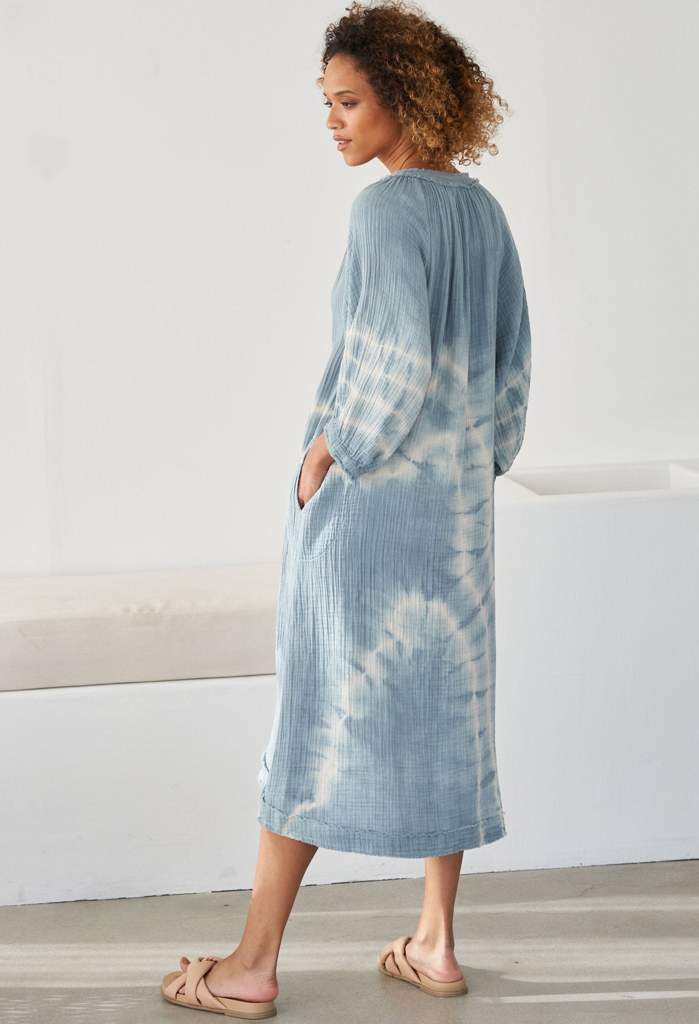 Blue River Print Gauze Dress with Pockets
