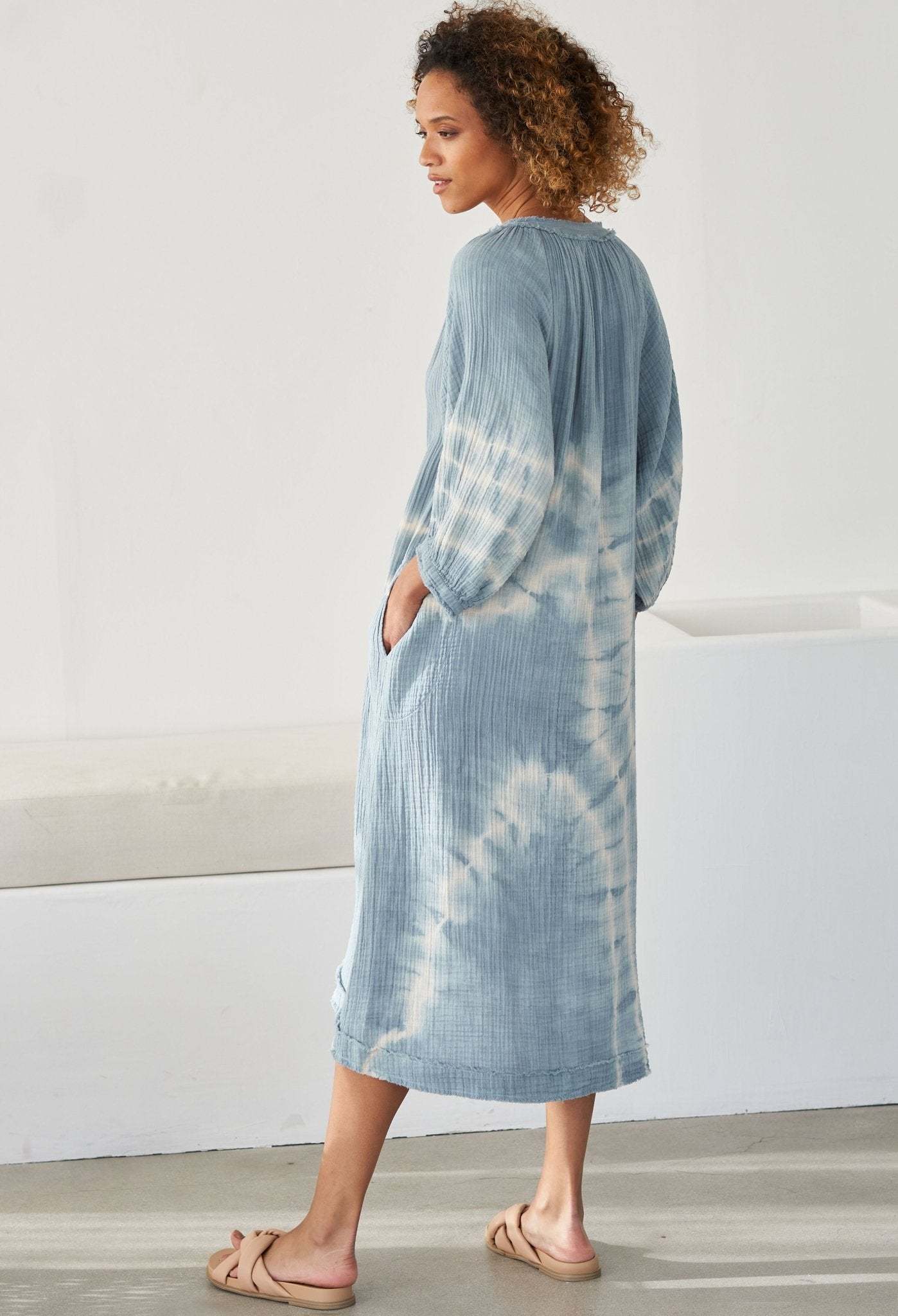 Blue River Print Gauze Dress with Pockets