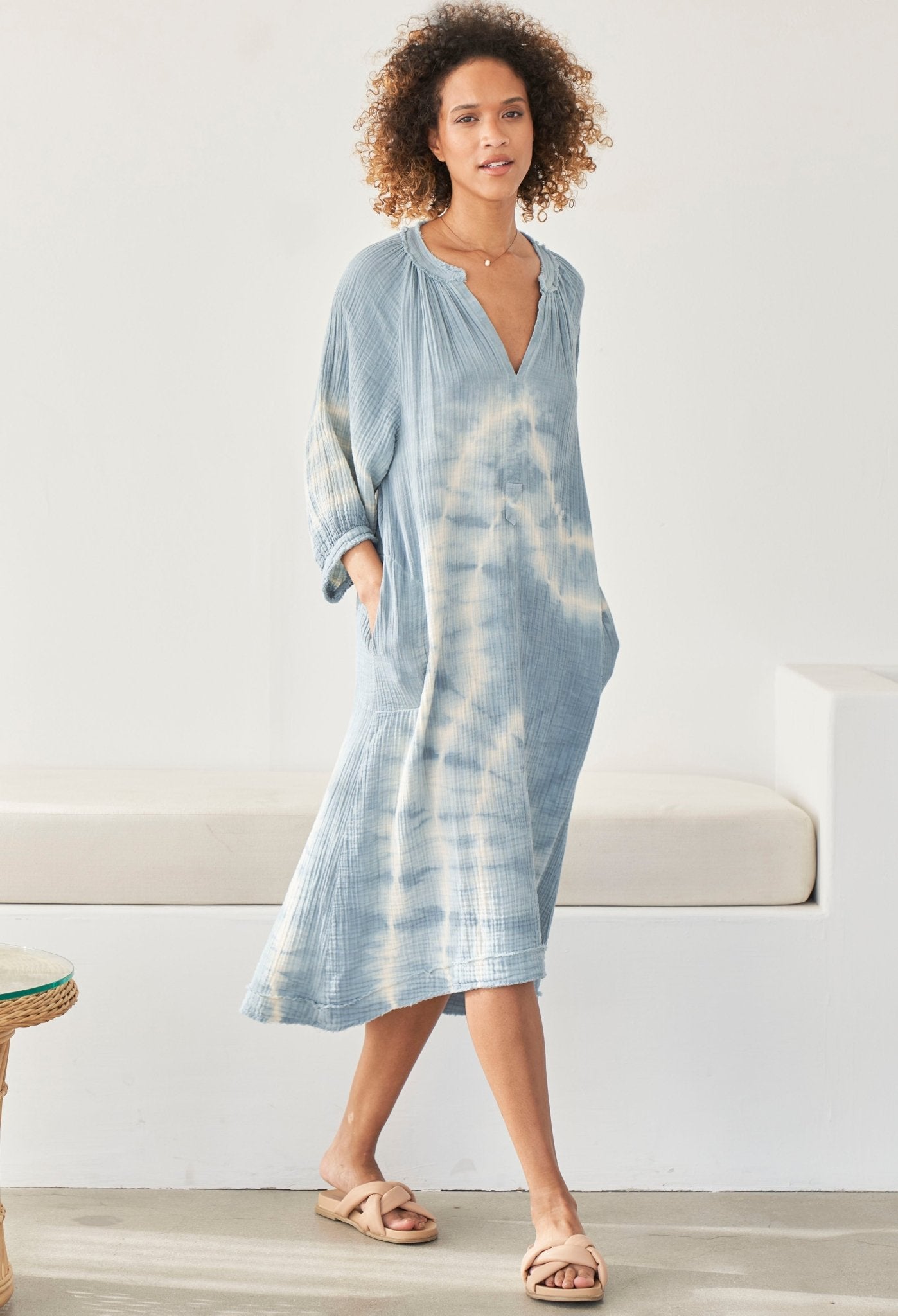 Blue River Print Gauze Dress with Pockets