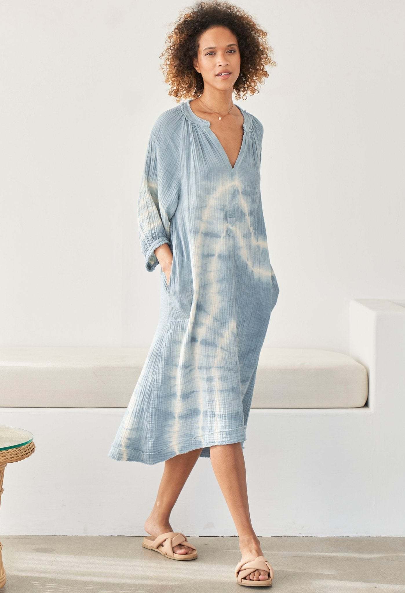 Blue River Print Gauze Dress with Pockets