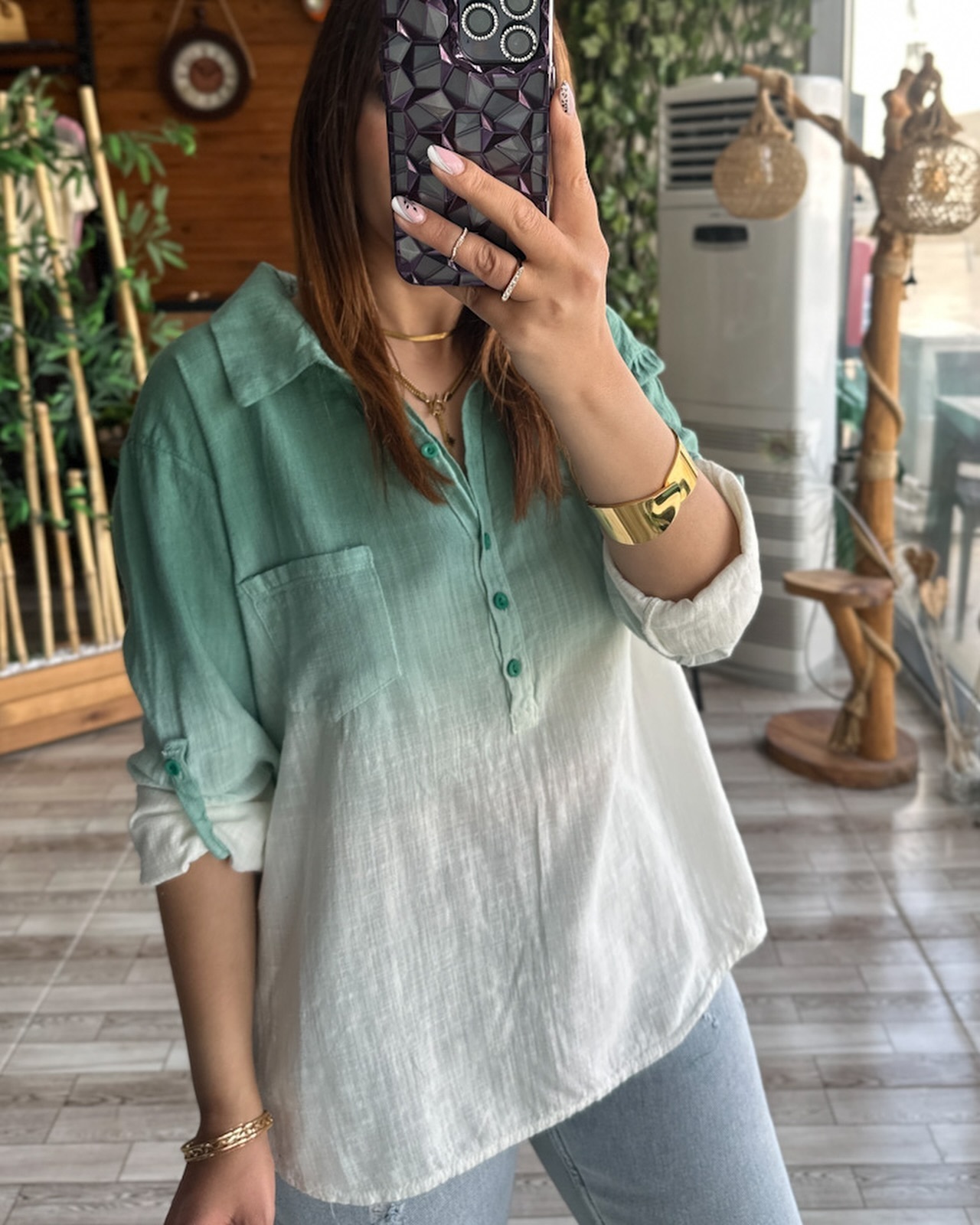 Gradient loose cotton and linen adjustable sleeve shirt(Buy 2 get free shipping)