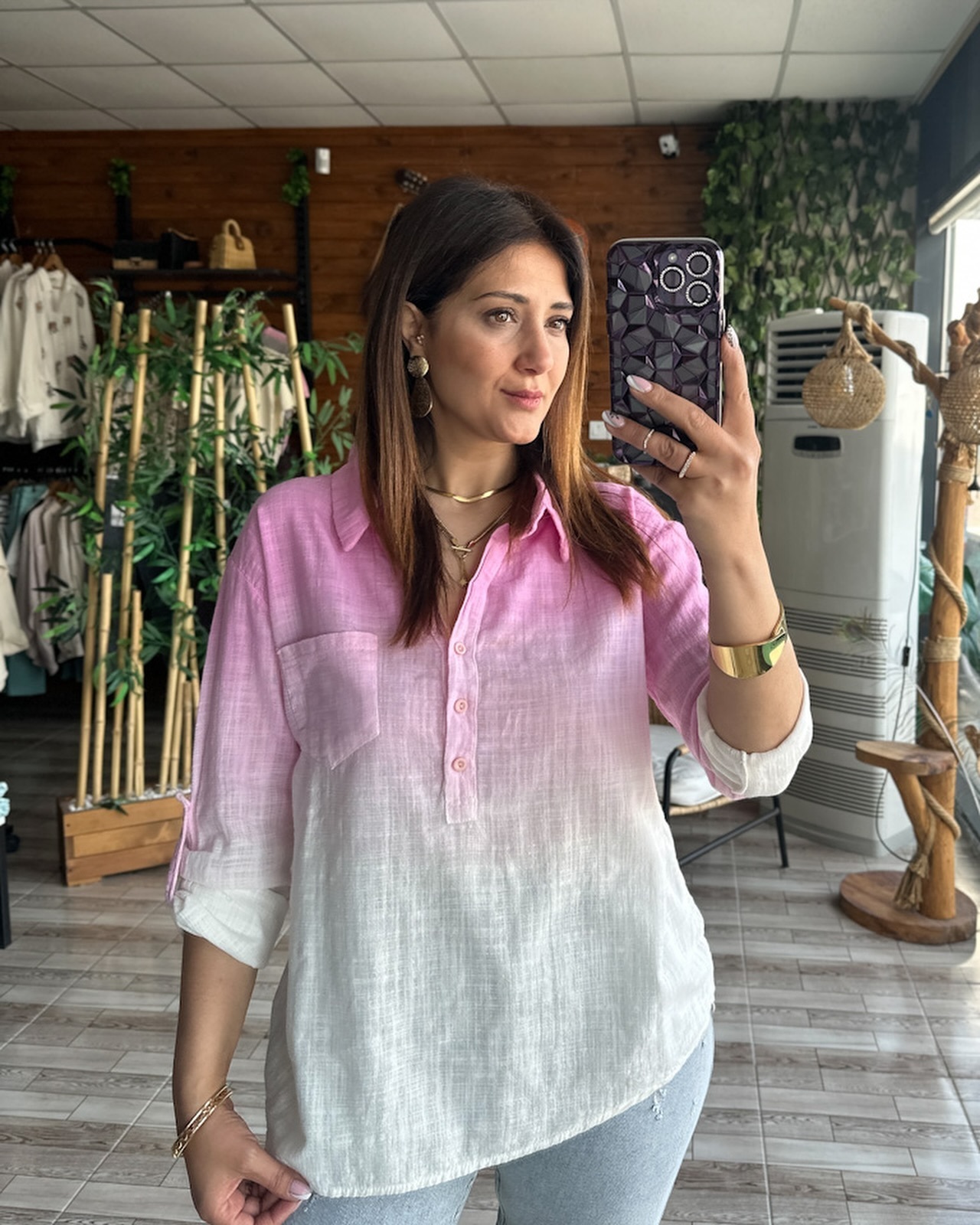 Gradient loose cotton and linen adjustable sleeve shirt(Buy 2 get free shipping)