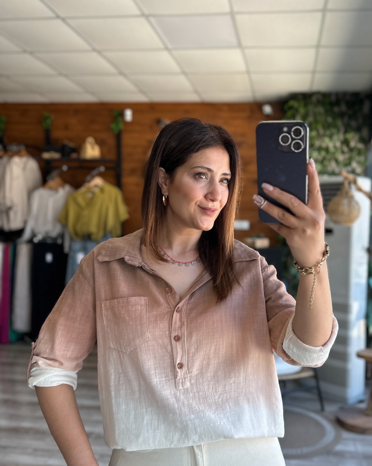 Gradient loose cotton and linen adjustable sleev shirt(Buy 2 get free 