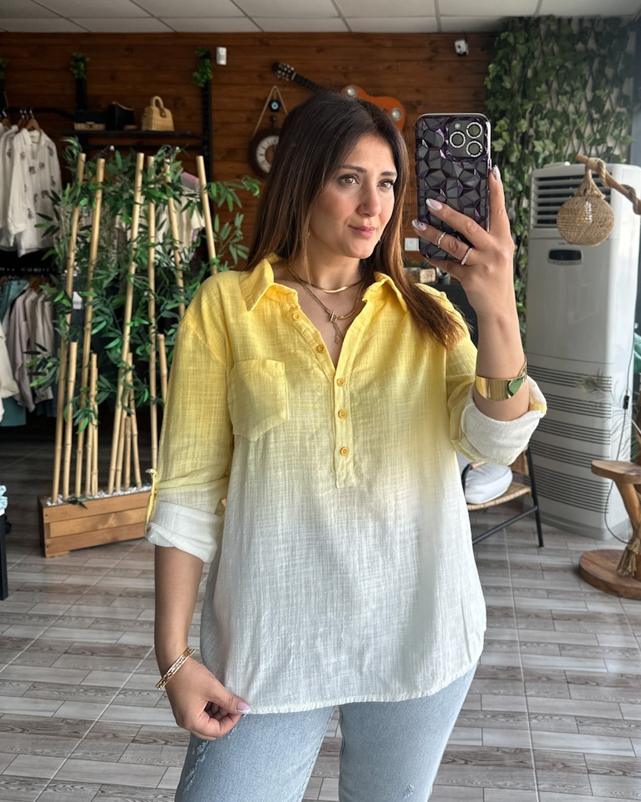 Gradient loose cotton and linen adjustable sleeve shirt(Buy 2 get free shipping)