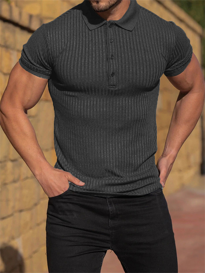 Men's Summer Sports Fitness Leisure Stretch Vertical Stripes Solid Color Short-sleeved Polo Shirt