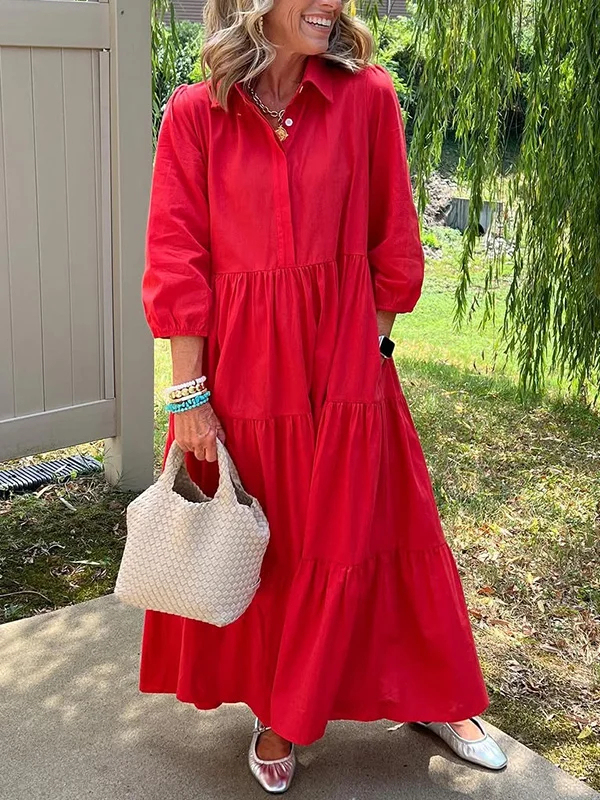 Women's spring and summer cotton and linen shirt dress