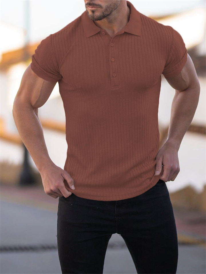 Men's Summer Sports Fitness Leisure Stretch Vertical Stripes Solid Color Short-sleeved Polo Shirt