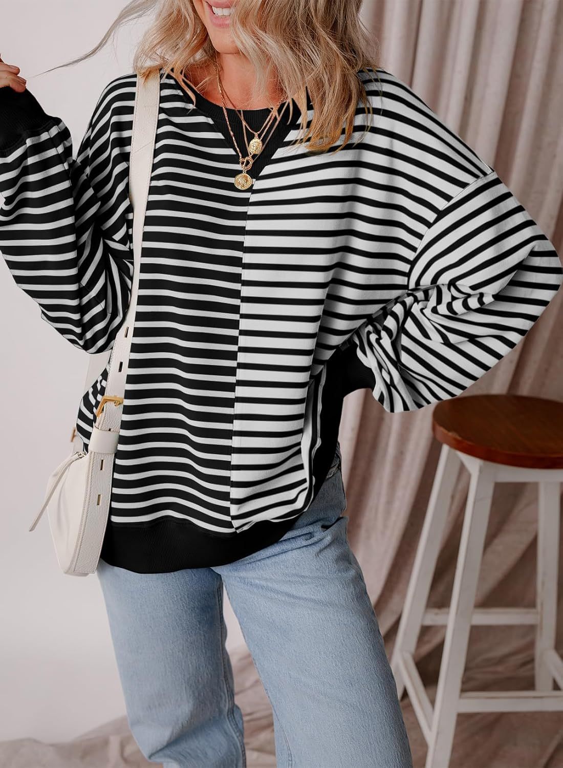 2024 Women's Striped Colorblock Large Size Round Neck Sweatshirt