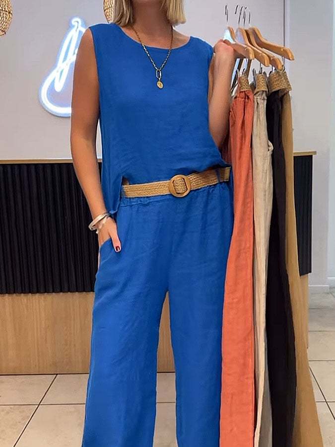 Women's Casual Solid Color Round Neck Vest Trousers Cotton and Linen Two-piece Set