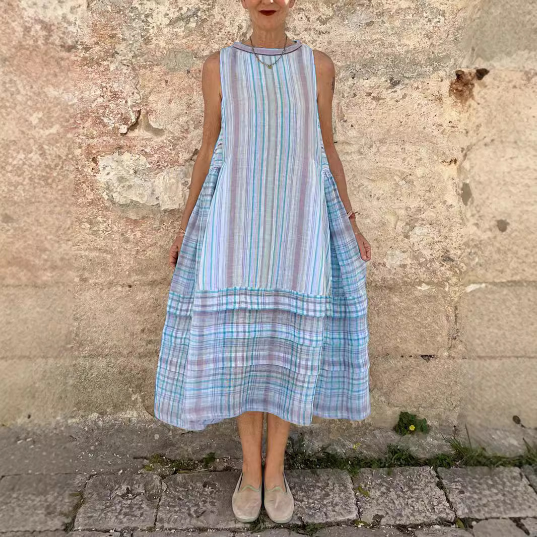 Ladies cotton and linen fresh sleeveless printed dress