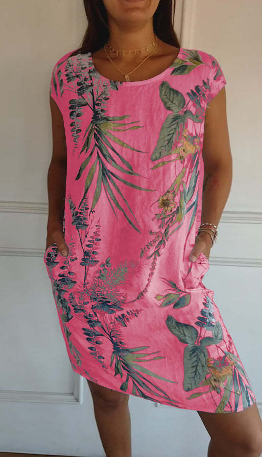 Ladies Casual Cotton and Linen Round Neck Printed Dress