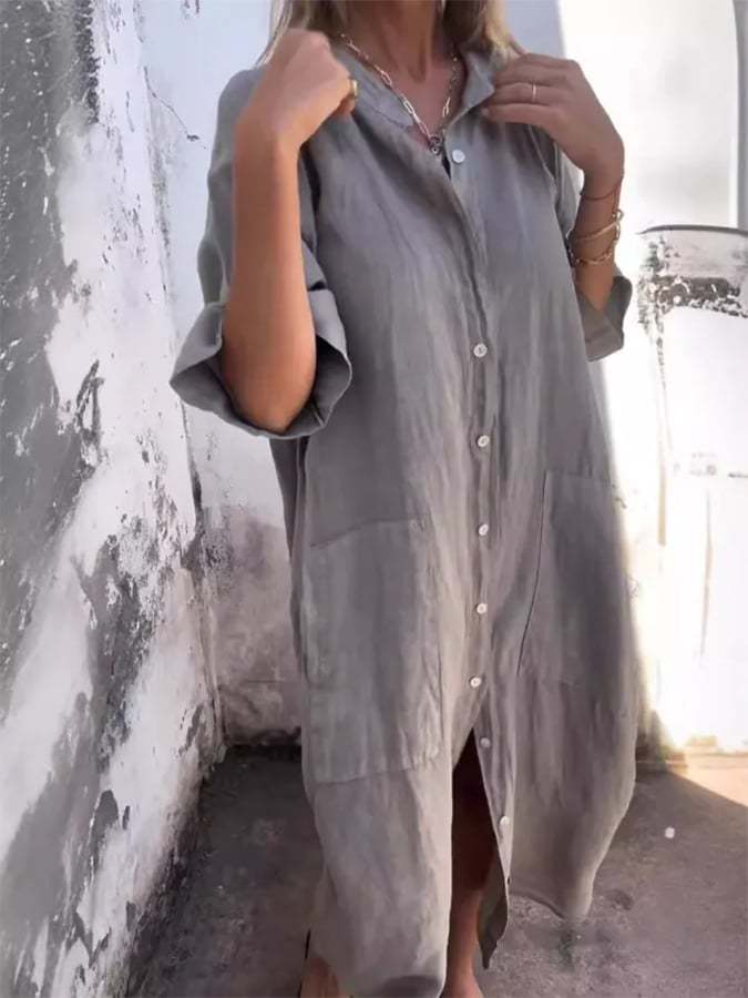Women's Loose Casual Mid-Sleeve Cotton And Linen Shirt Dress