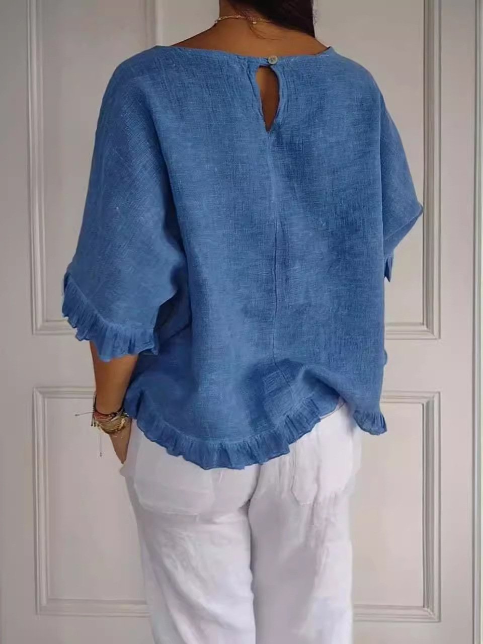 2025 New women's Round Neck Ruffled Hem Mid-sleeve Cotton and Linen Tops