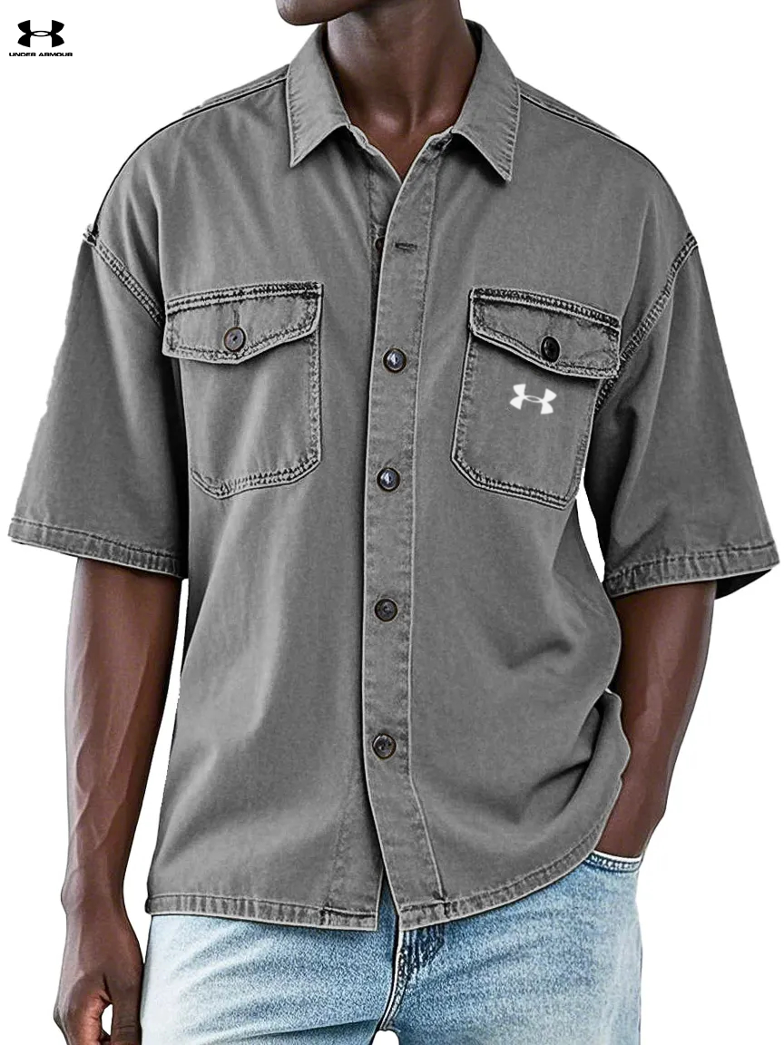 Men's Retro Workwear Double Pocket Lapel Short-sleeved Shirt