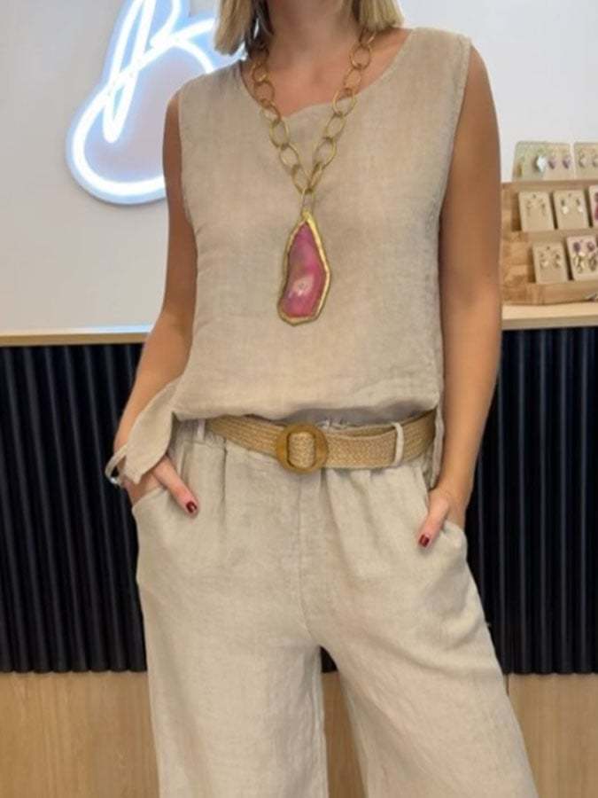 Women's Casual Solid Color Round Neck Vest Trousers Cotton and Linen Two-piece Set