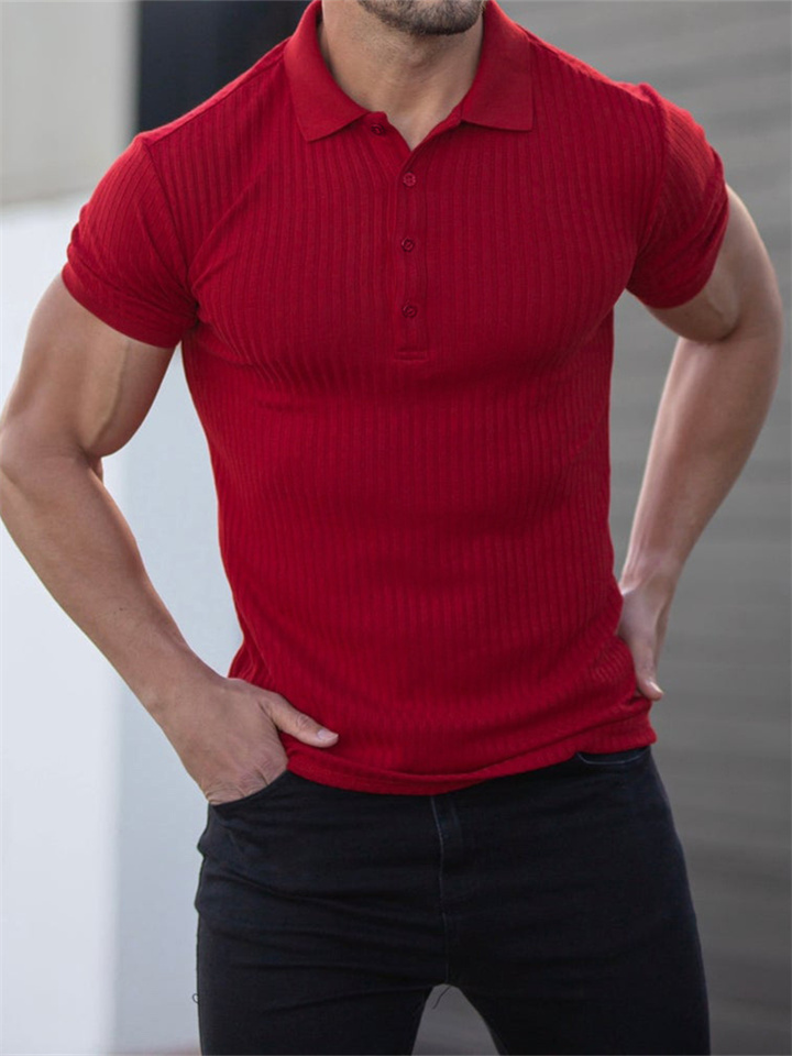 Men's Summer Sports Fitness Leisure Stretch Vertical Stripes Solid Color Short-sleeved Polo Shirt