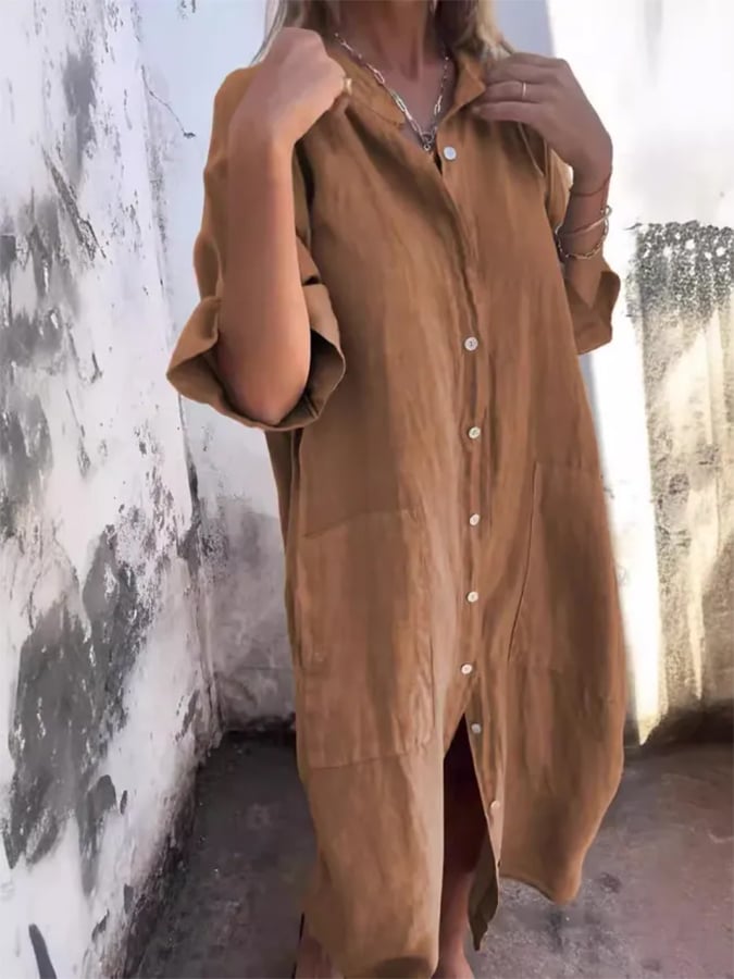 Women's Loose Casual Mid-Sleeve Cotton And Linen Shirt Dress