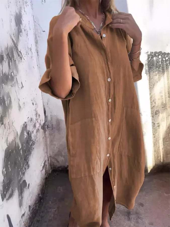 Women's Loose Casual Mid-Sleeve Cotton And Linen Shirt Dress