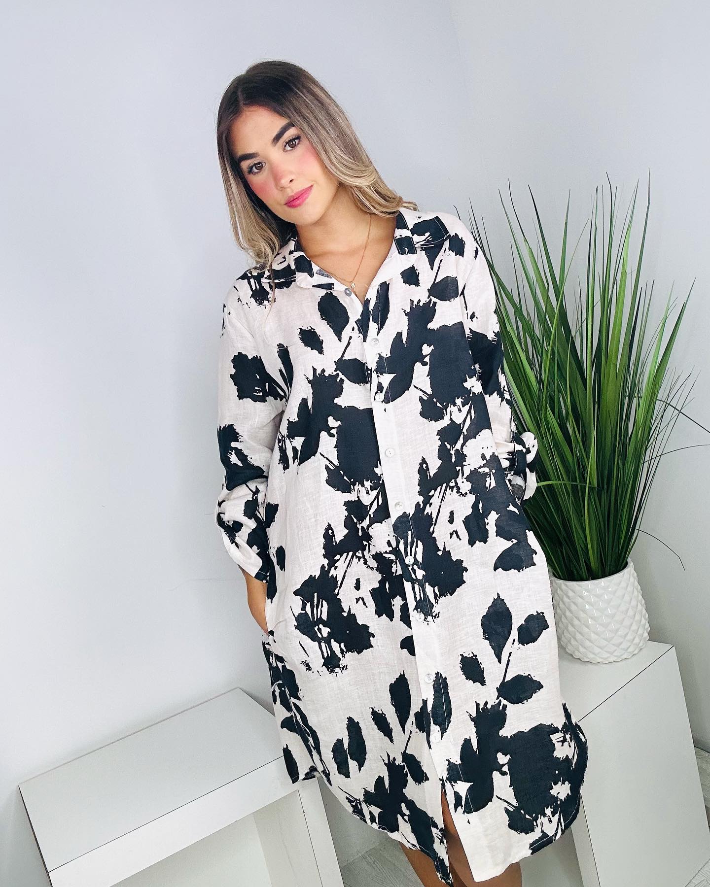 Tencel cotton and linen printed casual loose shirt dress(5 colors)