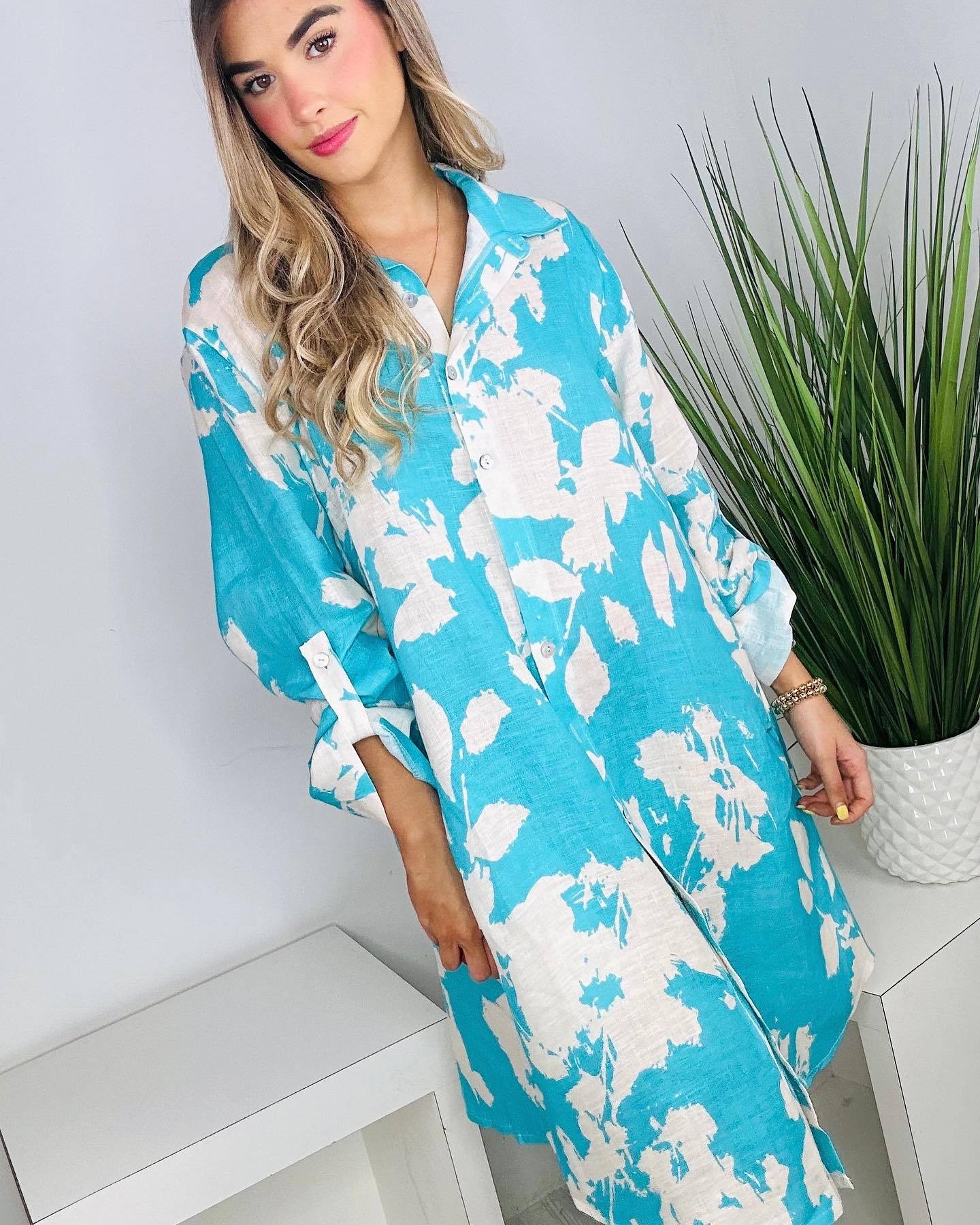 Tencel cotton and linen printed casual loose shirt dress(5 colors)