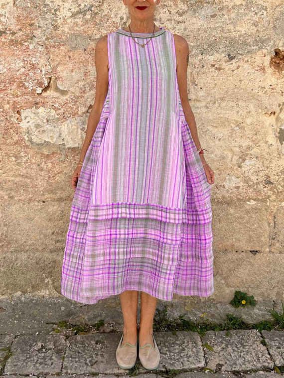 Ladies cotton and linen fresh sleeveless printed dress