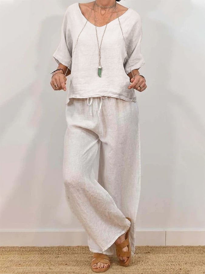 Women's Casual Linen V-Neck Half-Sleeve Pullover + Pants Two-Piece Set