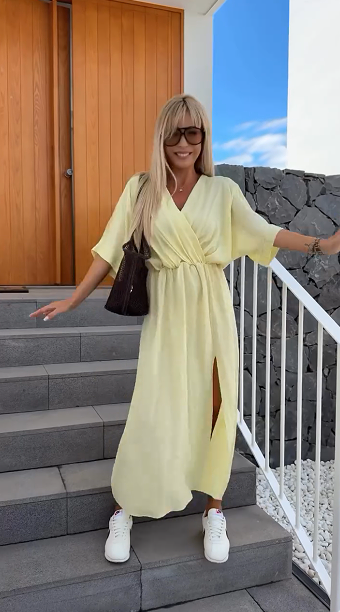 Women's cotton and linen V-neck slit bohemian style maxi dress