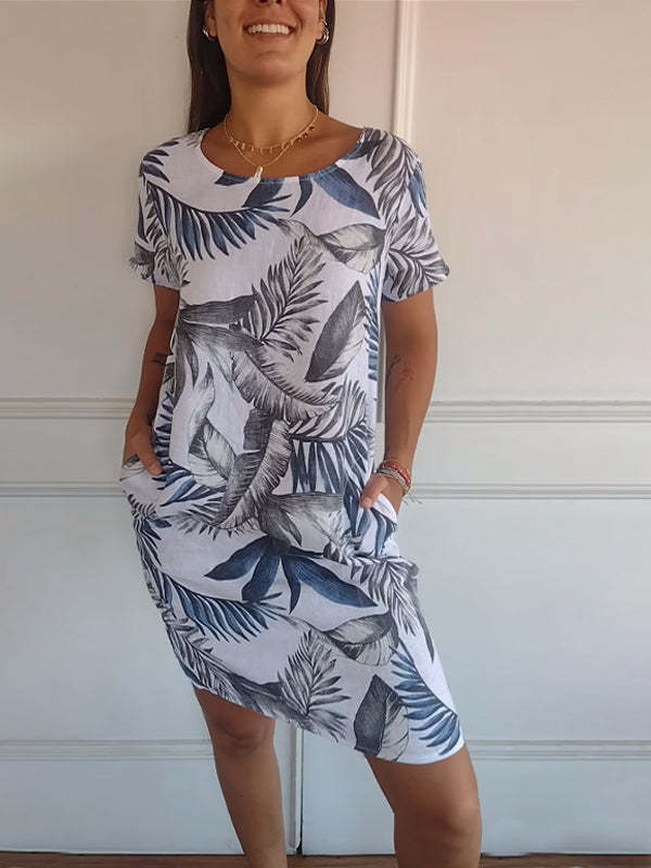 Ladies Casual Cotton and Linen Round Neck Printed Dress
