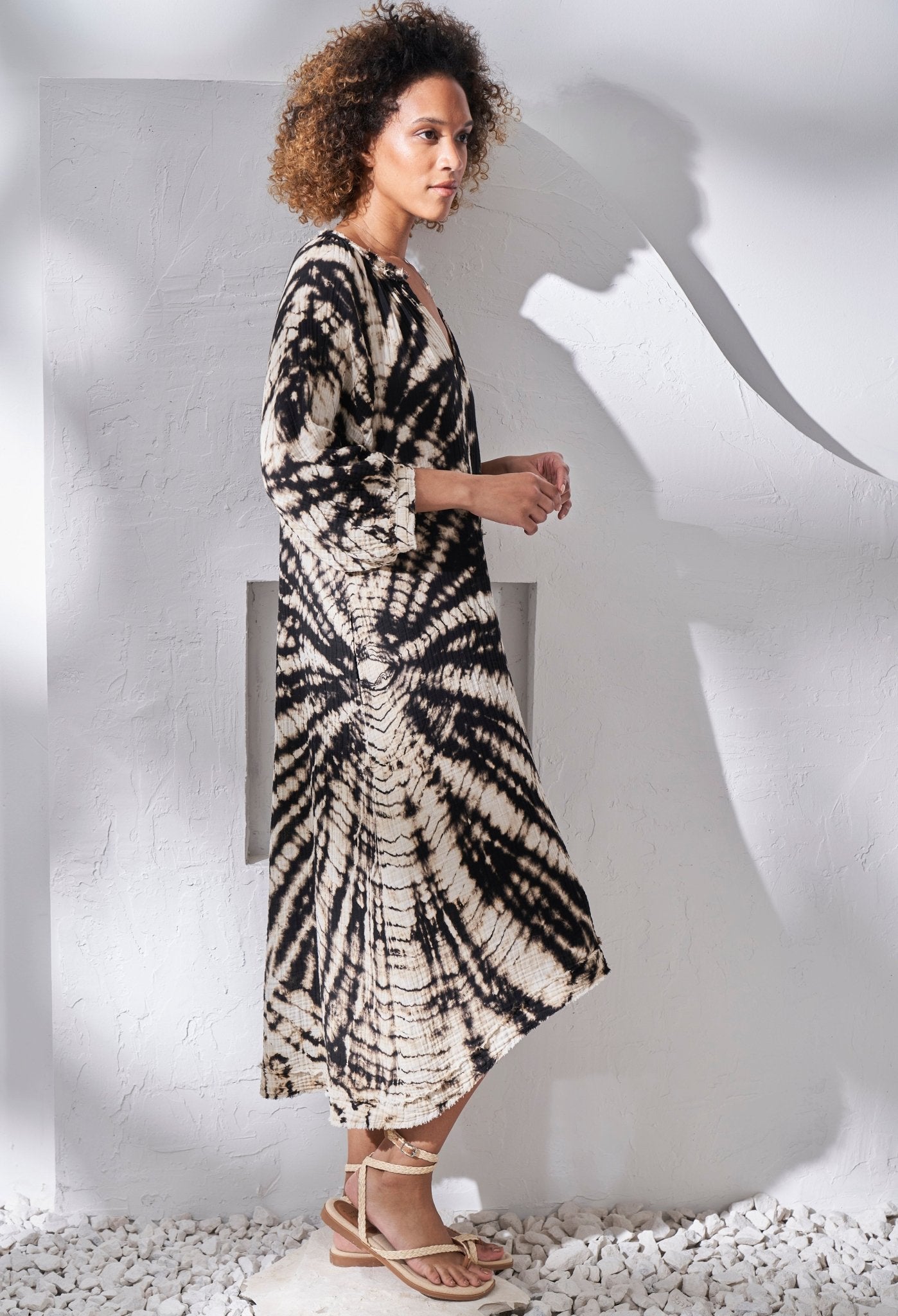 Nautilus Print Black and Ivory Gauze Dress with Pockets