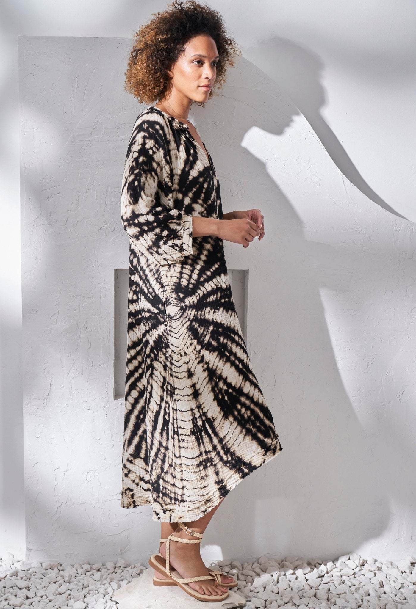 Nautilus Print Black and Ivory Gauze Dress with Pockets