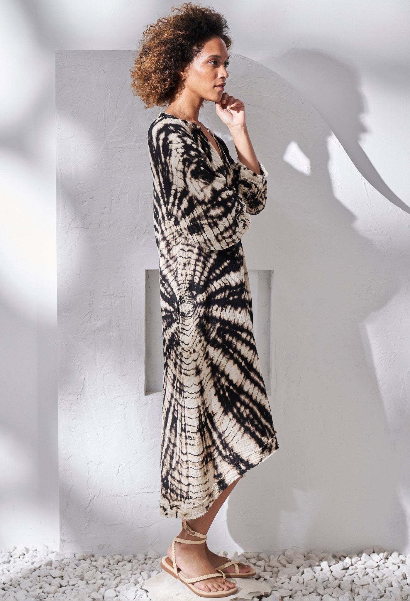 Nautilus Print Black and Ivory Gauze Dress with Pockets