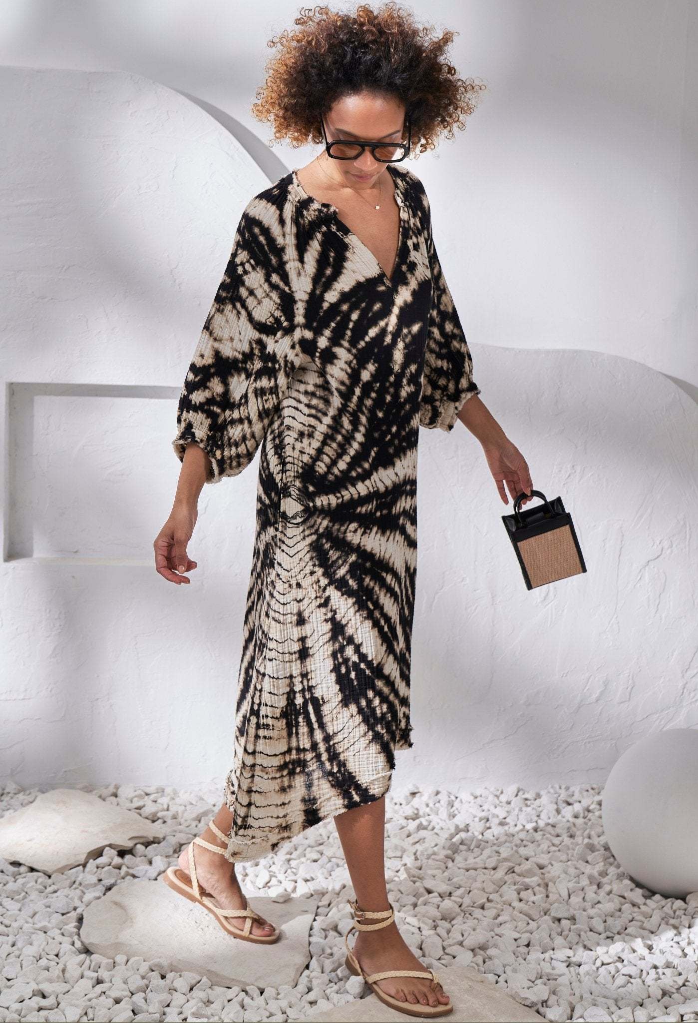 Nautilus Print Black and Ivory Gauze Dress with Pockets