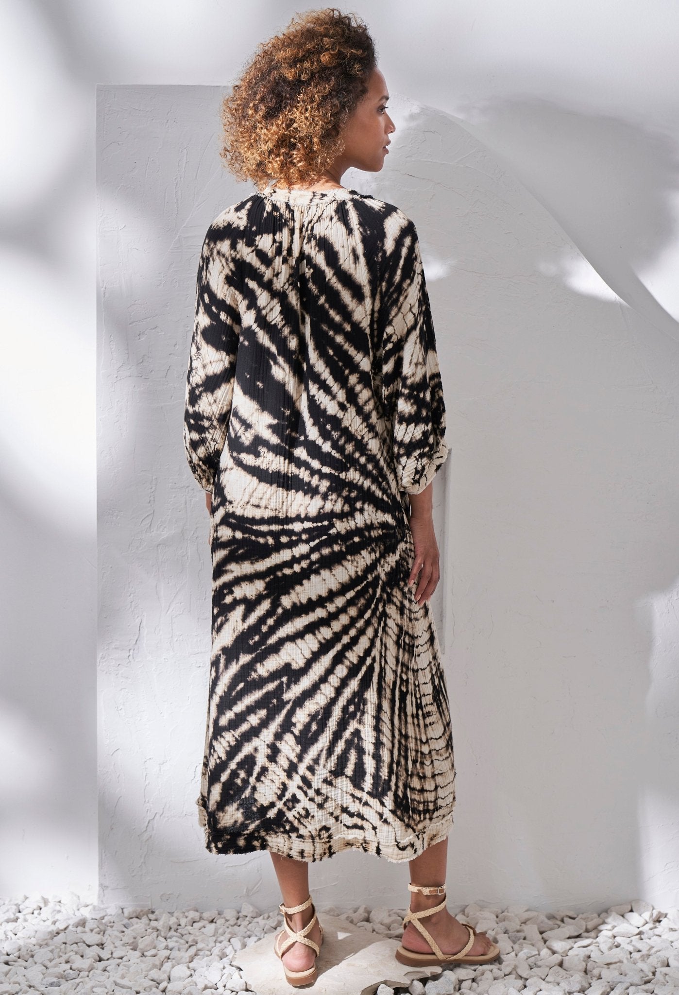 Nautilus Print Black and Ivory Gauze Dress with Pockets