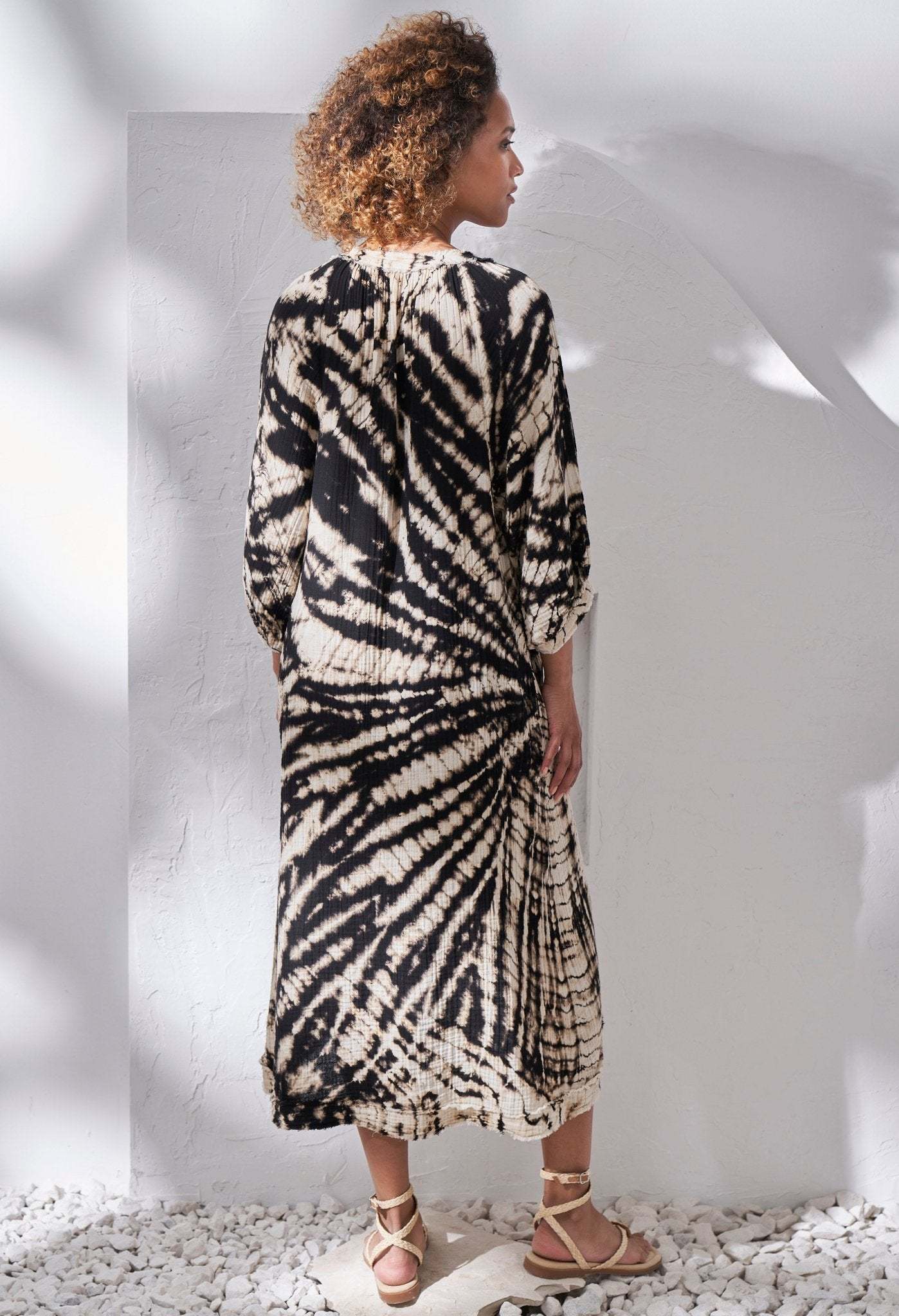 Nautilus Print Black and Ivory Gauze Dress with Pockets