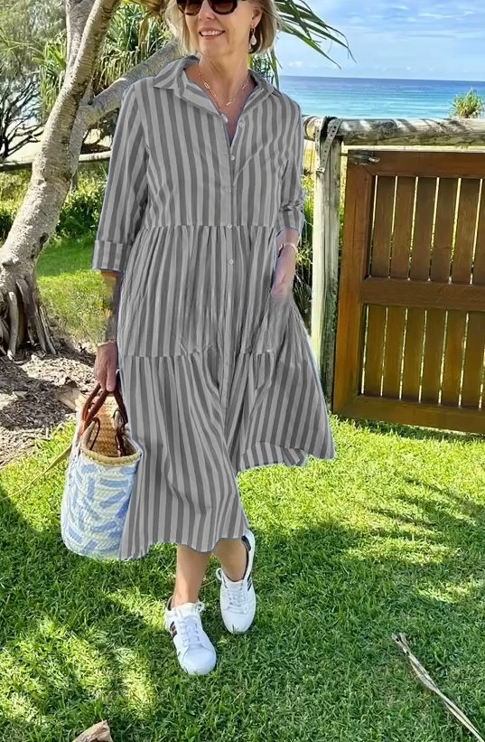2025 Spring and Summer Shirt Collar Striped Print Dress