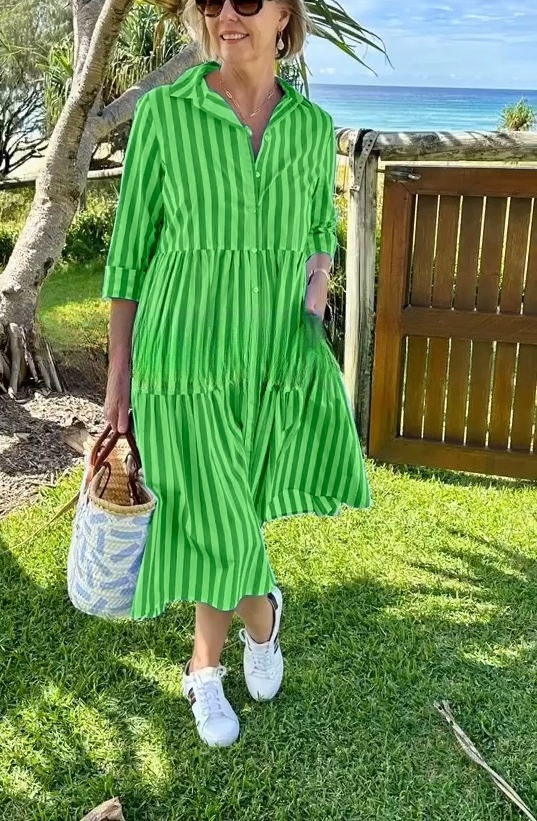2025 Spring and Summer Shirt Collar Striped Print Dress
