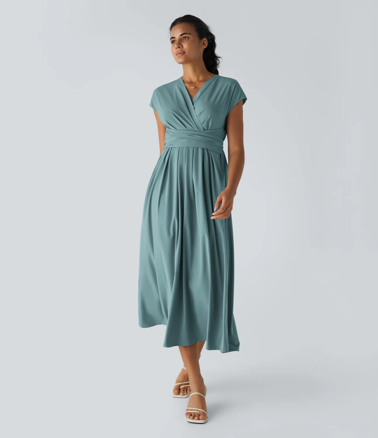 V-Neck Short Sleeve Side Pocket Tie Back Quick Dry Midi Casual Dress