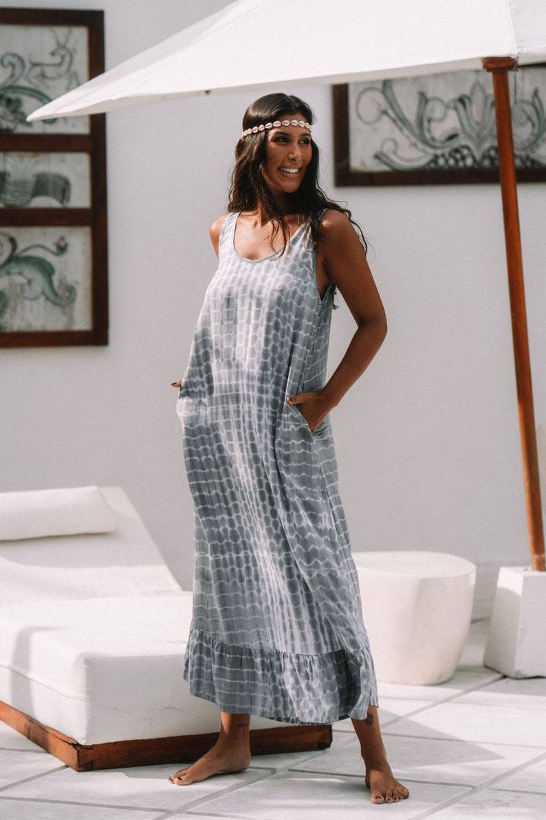 Maxi Tie Dye dress, Loose fit dress with pockets, handmade tie dye kaftan Striped linen